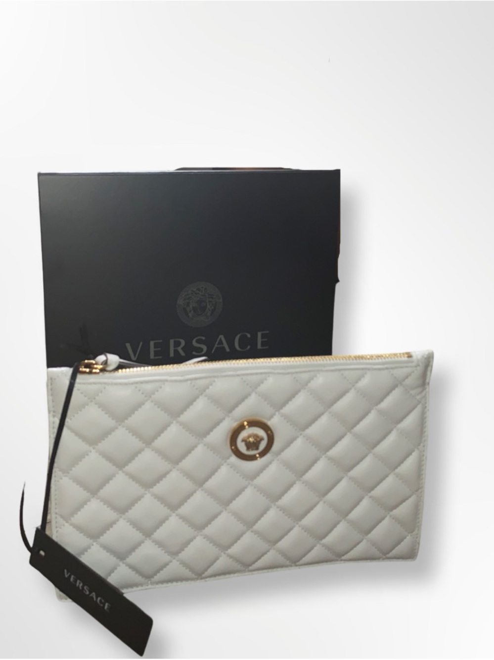 Versace White Quilted Leather Zip Wristlet with Gold Medallion